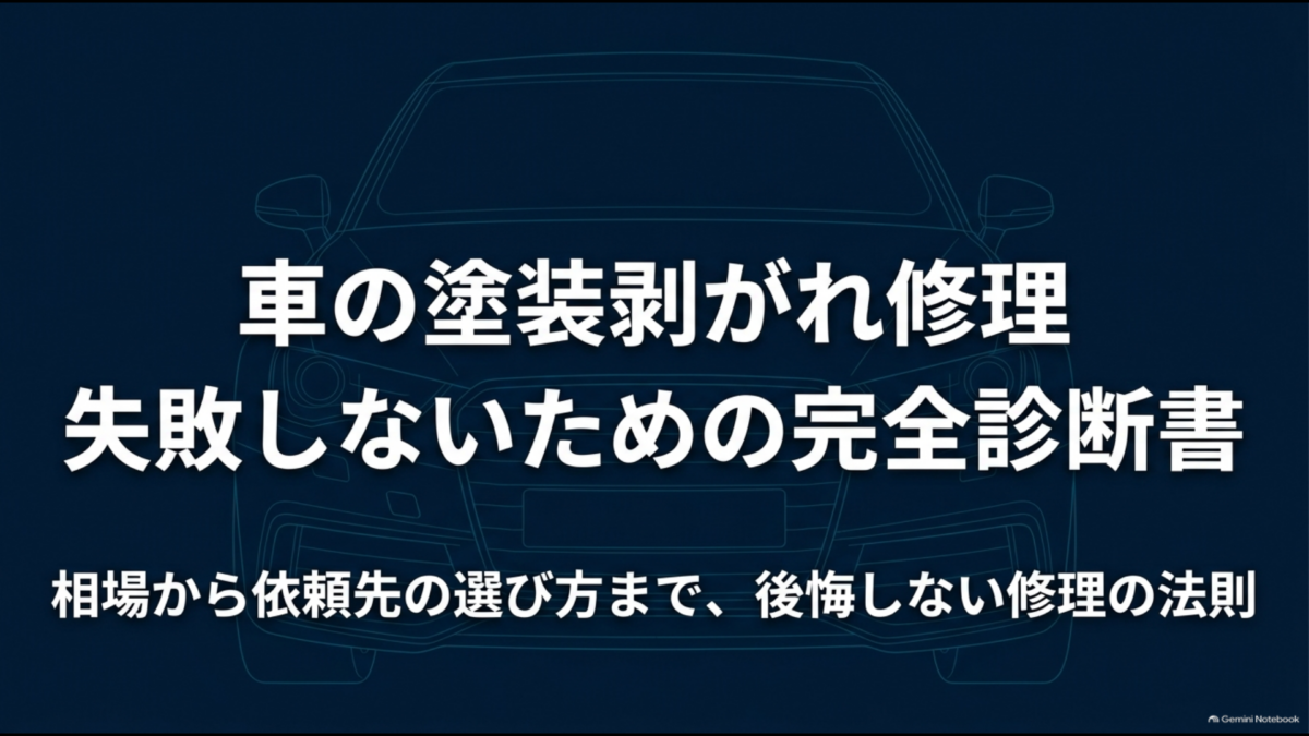 車のイラストを背景に「車の塗装剥がれ修理 失敗しないための完全診断書」と書かれたスライド表紙
