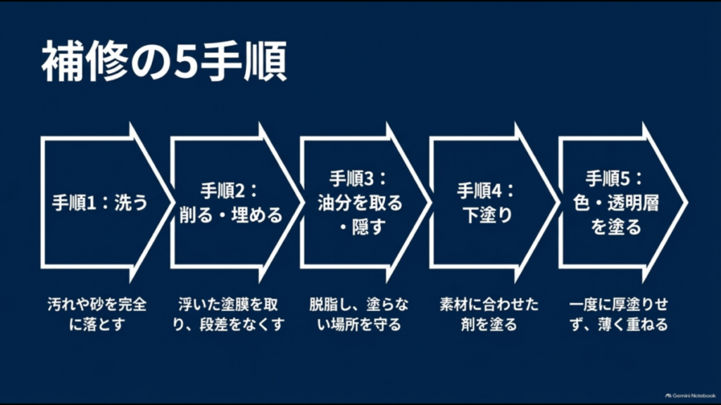 車の塗装剥がれをDIY補修する際の洗車、研磨とパテ埋め、脱脂とマスキング、下塗り、カラー塗装の5工程を示したフロー図