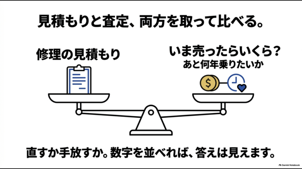 車の修理見積もりと現在の査定額、あと何年乗るかを天秤にかけて全塗装か売却かを判断する図