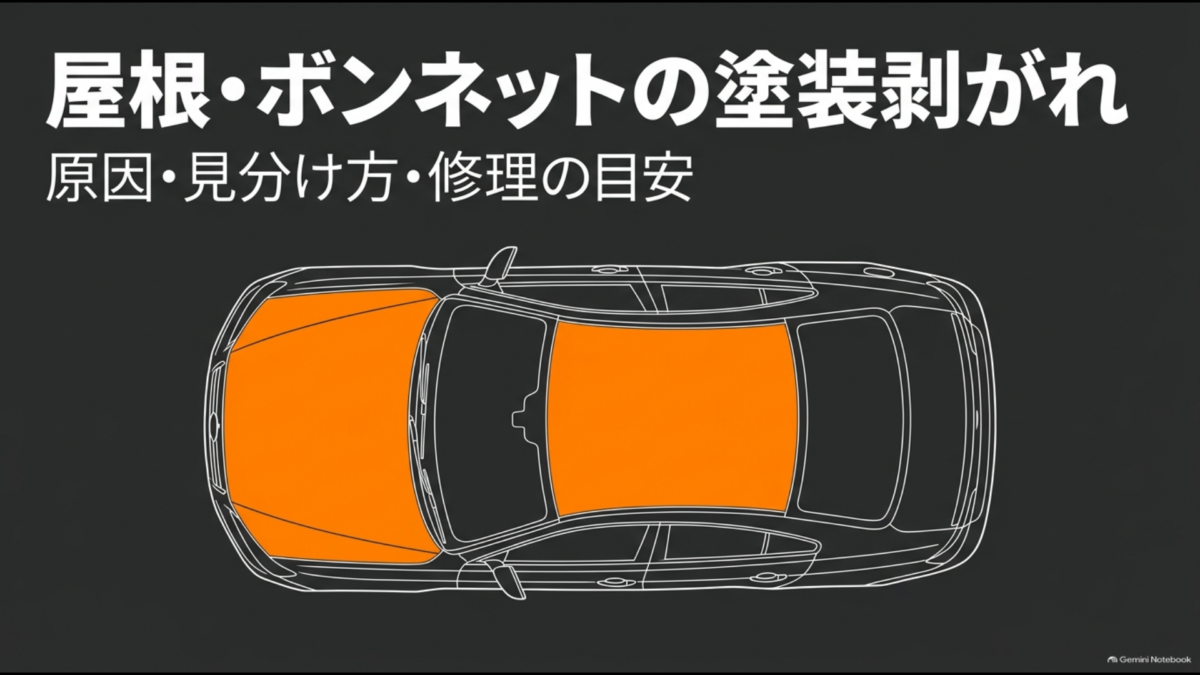 上から見た車の屋根とボンネットをオレンジ色で示した、塗装剥がれの解説スライド