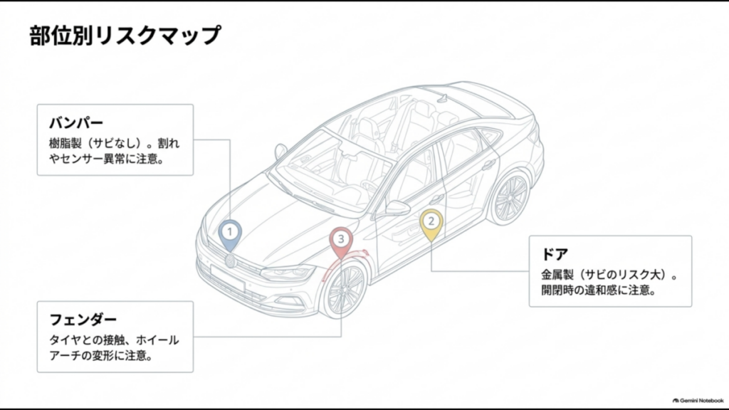 車のバンパー・ドア・フェンダーの位置を示し、樹脂の割れやセンサー異常、金属部分のサビ、タイヤとの接触などの注意点をまとめた図解