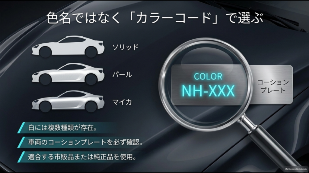 白い車のソリッド・パール・マイカの違いと、コーションプレートのカラーコードを確認してタッチペンを選ぶ方法