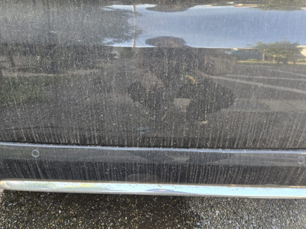 塗装剥がれではなく泥汚れや水垢が付着してツヤが低下した洗車前のホンダN-BOXの黒いリアバンパー